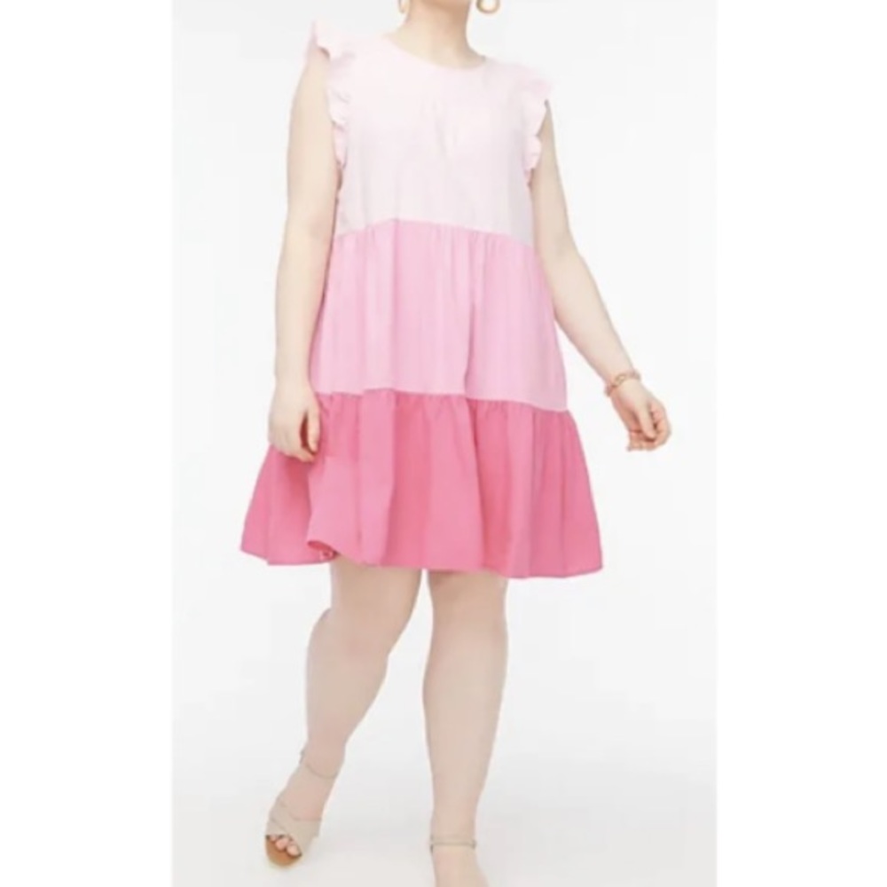 J. Crew Linen Blend Ruffle Sleeve Tiered Pink Mini Dress Size 4 NWOT